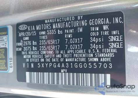 2016 Kia Sorento 2.4L Lx z USA, uszkodzony, nr VIN 5XYPG4A31GG055703